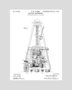 Poster vintage représentant le brevet technique du métronome électrique de 1903, illustration mécanique ancienne en noir et blanc