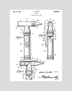 Poster vintage représentant le brevet technique de l’otoscope daté de 1928, illustration scientifique et détaillée en noir et blanc