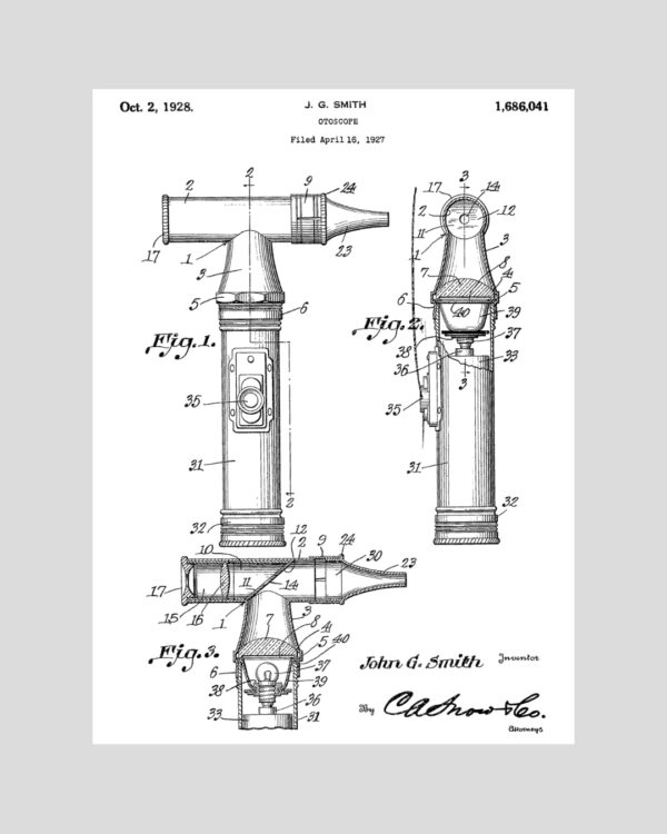 Poster vintage représentant le brevet technique de l’otoscope daté de 1928, illustration scientifique et détaillée en noir et blanc