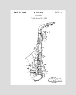 Poster vintage du brevet technique du saxophone daté de 1933, illustration mécanique rétro en noir et blanc