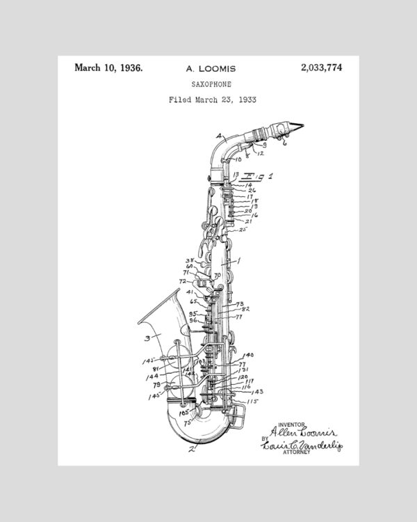 Poster vintage du brevet technique du saxophone daté de 1933, illustration mécanique rétro en noir et blanc