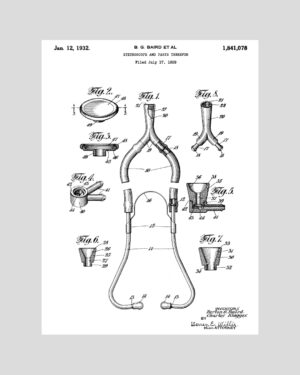 Poster vintage représentant le brevet technique du stéthoscope daté de 1932, illustration scientifique en noir et blanc