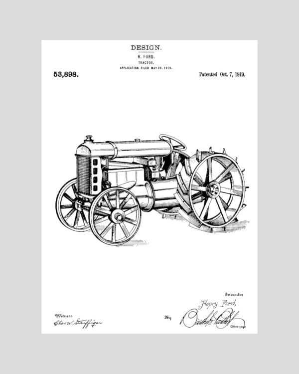 Poster vintage représentant le brevet technique du tracteur Ford de 1919, illustration agricole rétro en noir et blanc
