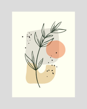 Affiche décorative minimaliste avec une brindille dessinée au trait noir sur fond abstrait beige, gris et terracotta