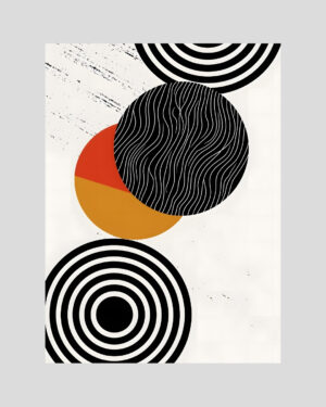 Affiche décorative avec motifs de cercles noirs et aplats orange et ocre sur fond blanc, style graphique abstrait