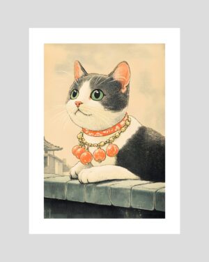 Poster vintage représentant un chat noir et blanc assis sur un toit japonais, portant un collier bijou rouge, dans un style artistique asiatique
