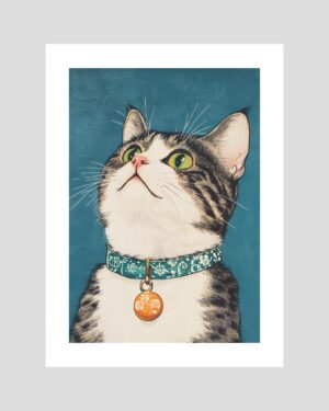Poster artistique représentant un chat japonais au collier turquoise sur fond bleu, illustration d’inspiration asiatique élégante