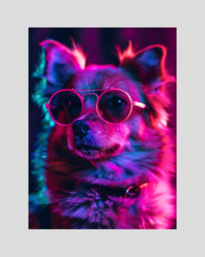 Affiche de chien à lunettes roses en style pop art néon, ambiance colorée et moderne