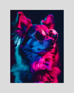Affiche de chien stylisé en rose et bleu avec lunettes rondes en style néon pop art
