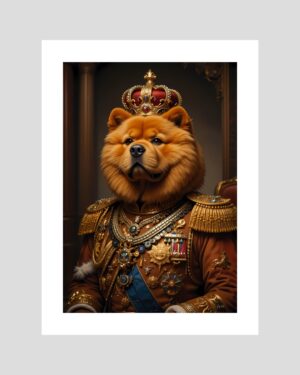 Portrait humoristique d’un chow-chow en tenue royale, couronne sur la tête et costume impérial, style chic et décalé