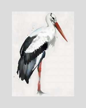 Affiche d’une cigogne noire et blanche en aquarelle, au style minimaliste et moderne