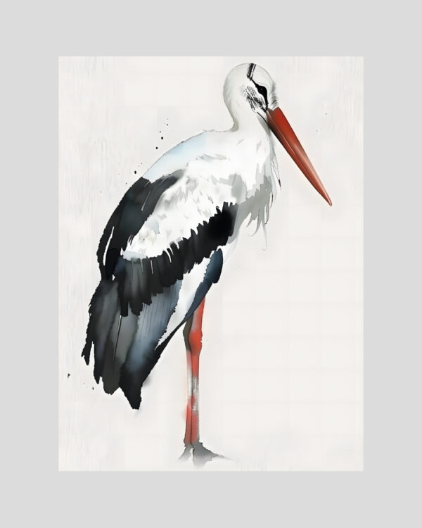 Affiche d’une cigogne noire et blanche en aquarelle, au style minimaliste et moderne
