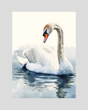 Affiche d’un cygne blanc élégant sur l’eau, en style aquarelle doux et minimaliste