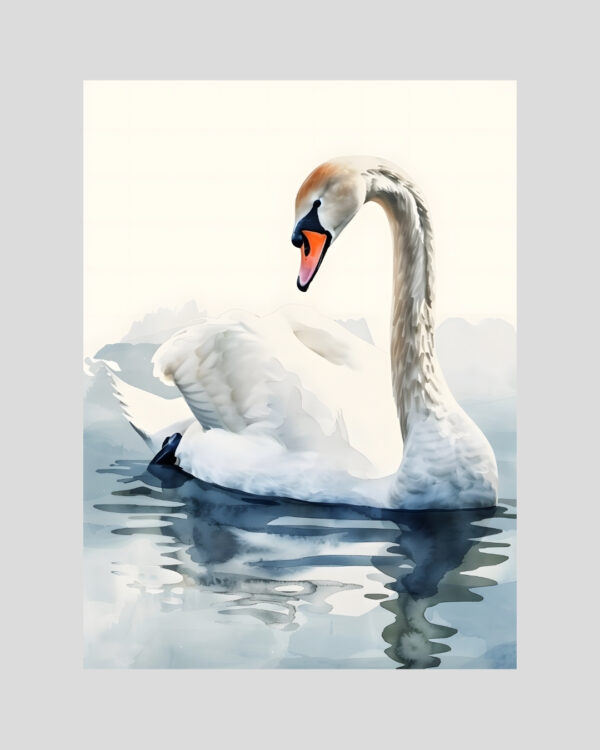 Affiche d’un cygne blanc élégant sur l’eau, en style aquarelle doux et minimaliste