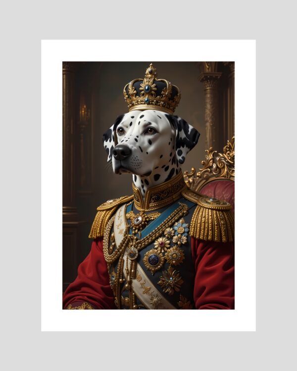 Portrait animalier humoristique d’un dalmatien en uniforme royal avec couronne dorée, style chic et décalé