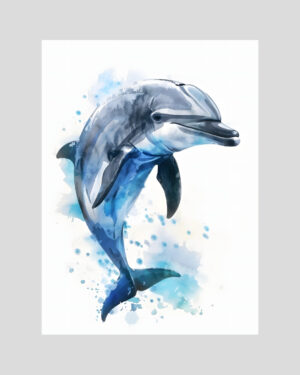 Affiche d’un dauphin bleu en aquarelle, illustration marine pleine de fraîcheur et de mouvement