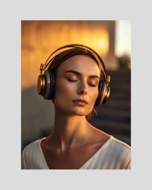 Affiche contemporaine d’une femme avec casque audio dans une lumière dorée, ambiance musicale et élégante