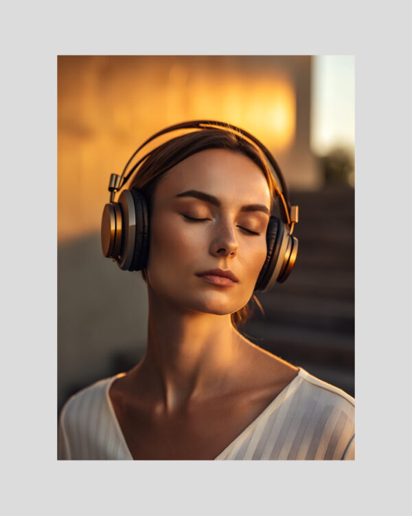 Affiche contemporaine d’une femme avec casque audio dans une lumière dorée, ambiance musicale et élégante