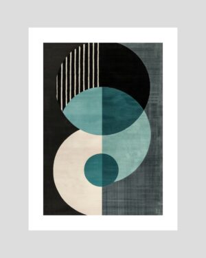 Affiche abstraite décorative avec formes géométriques circulaires vert canard et beige sur fond noir et gris