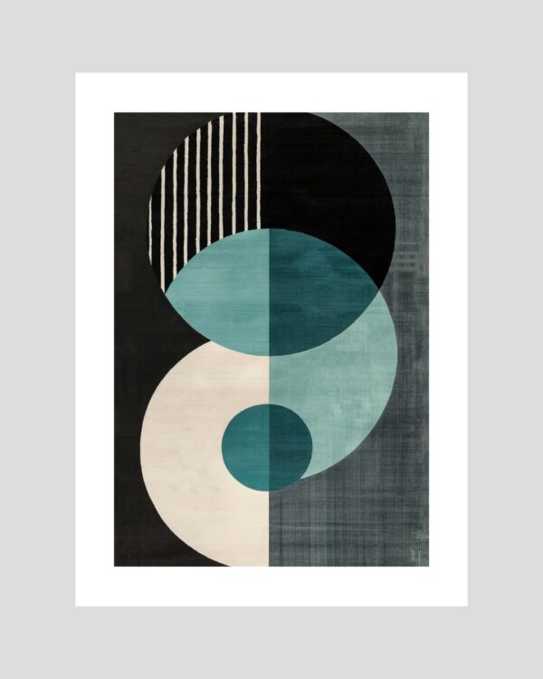 Affiche abstraite décorative avec formes géométriques circulaires vert canard et beige sur fond noir et gris