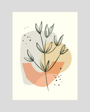 Affiche minimaliste avec une feuille noire stylisée sur fond abstrait beige et terracotta aux formes organiques