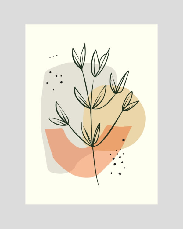 Affiche minimaliste avec une feuille noire stylisée sur fond abstrait beige et terracotta aux formes organiques