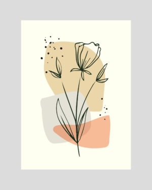 Affiche murale représentant une fleur stylisée noire sur fond de formes abstraites beige, terracotta et gris clair