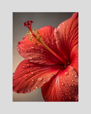 Affiche fleur d’hibiscus rouge avec gouttes d’eau en gros plan, ambiance tropicale Guadeloupe