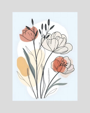 Affiche décorative avec fleurs dessinées en lignes noires et formes pastel sur fond bleu clair, style botanique minimaliste et épuré
