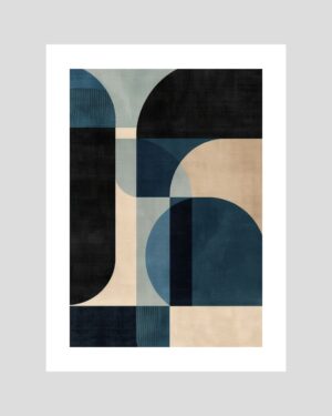 Affiche abstraite décorative avec formes géométriques croisées en bleu foncé, beige et noir sur fond clair