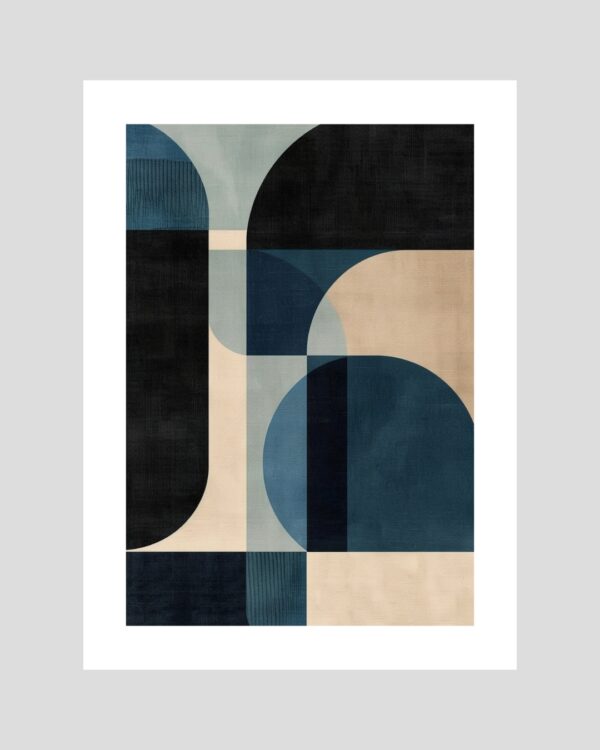 Affiche abstraite décorative avec formes géométriques croisées en bleu foncé, beige et noir sur fond clair