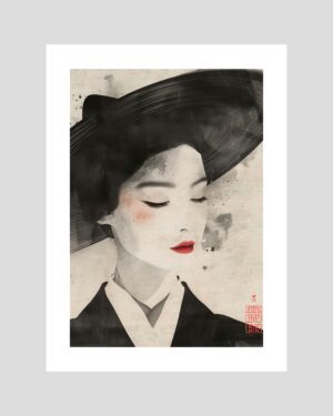 Portrait de geisha japonaise en noir et blanc réalisé à l’encre, style minimaliste