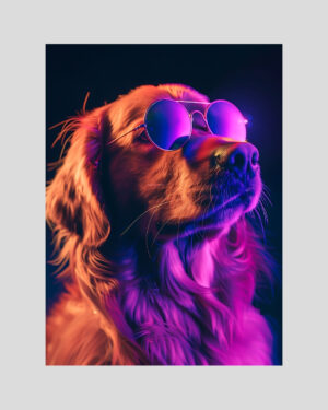 Affiche pop art d’un golden retriever avec lunettes rondes violettes en style néon