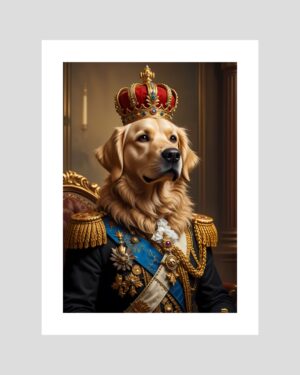 Portrait humoristique d’un golden retriever vêtu d’un uniforme royal avec couronne, style chic et décalé