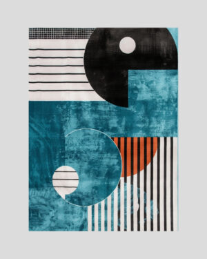 Affiche déco abstraite en bleu caraïbe avec motifs géométriques noirs et orange, style contemporain