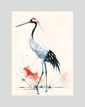 Affiche d’une grue du Japon peinte à l’aquarelle dans un style asiatique épuré