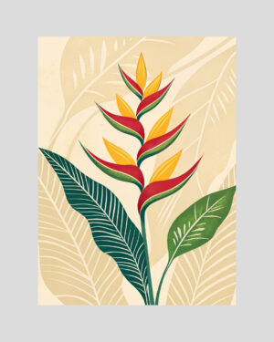 Affiche graphique d'une fleur d’Heliconia rouge et jaune sur fond beige avec feuilles tropicales