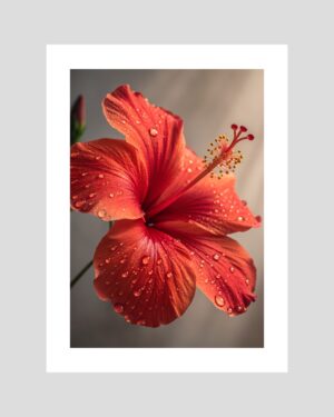 Affiche déco d’un hibiscus rouge éclatant avec gouttes d’eau, ambiance tropicale de Guadeloupe