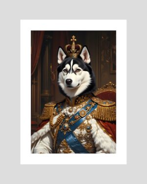 Portrait humoristique d’un husky impérial couronné en uniforme royal, affiche chic et décalée