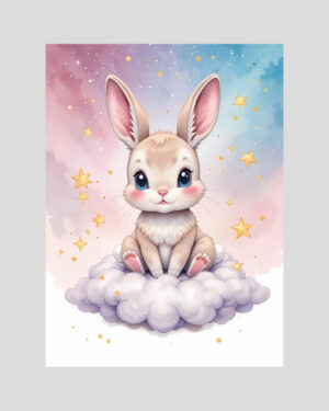 Affiche enfant avec un lapin mignon assis sur un nuage, décor d’étoiles sur fond pastel