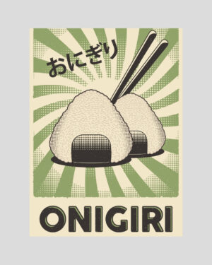Affiche japonaise rétro représentant deux onigiris avec baguettes, fond vert pop style vintage manga pour cuisine ou food corner asiatique
