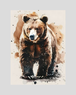 Affiche d’un ours brun réalisé en aquarelle, style animalier contemporain avec éclaboussures artistiques sur fond clair
