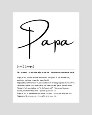 Affiche typographique noir et blanc avec définition humoristique et tendre du mot papa