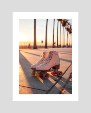 Affiche rétro de patins à roulettes roses au coucher du soleil sur une promenade bordée de palmiers