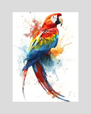 Affiche d’un perroquet multicolore réalisé en aquarelle, style tropical éclaboussé sur fond clair