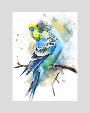 Affiche d’une perruche ondulée colorée sur une branche, en style aquarelle éclatant
