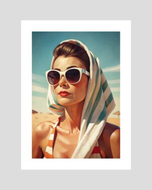 Affiche rétro d’une femme pin-up avec foulard rayé et lunettes blanches sur fond de plage