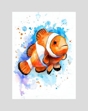 Affiche aquarelle d’un poisson clown tropical coloré, illustration marine artistique