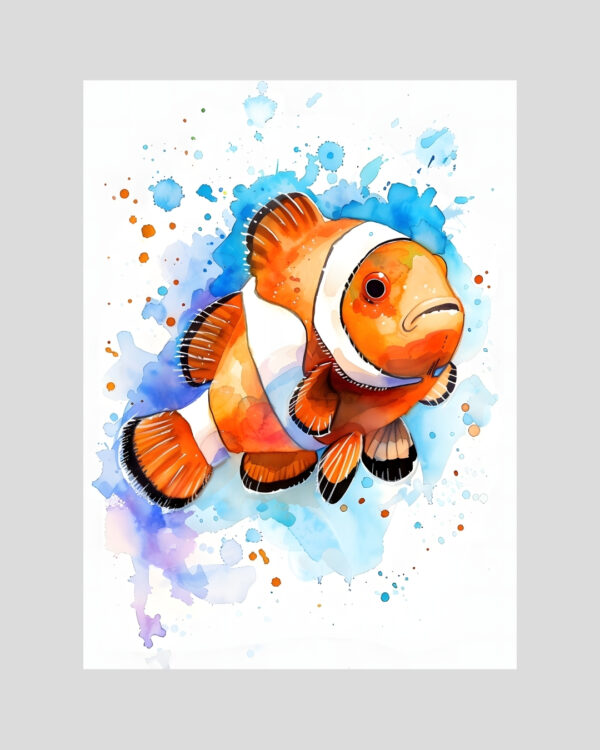 Affiche aquarelle d’un poisson clown tropical coloré, illustration marine artistique