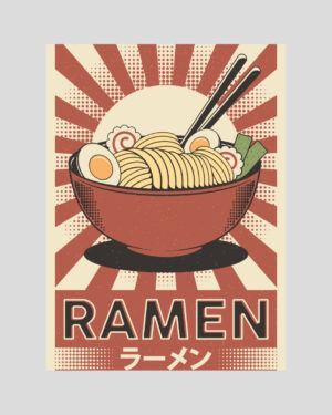 Affiche vintage japonaise représentant un bol de ramen avec baguettes sur fond graphique rouge style manga, déco cuisine originale